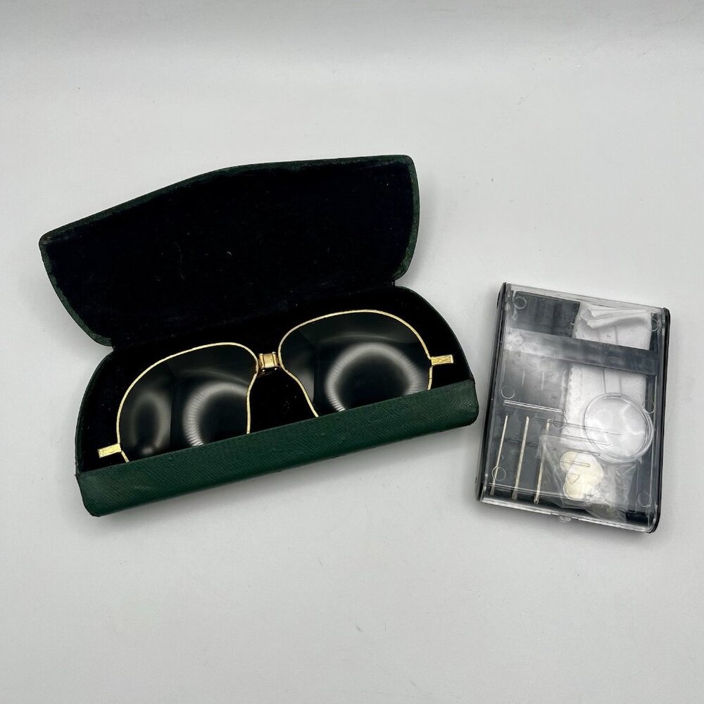 1920s-30s Face Hugging Driving Sunglasses Green Lens Gold Tone Semi Fold Aviator